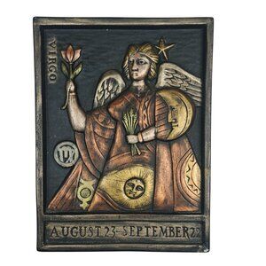 Vintage Virgo Zodiac Wall Art Plaque Handpainted Ceramic Sculpture 70's